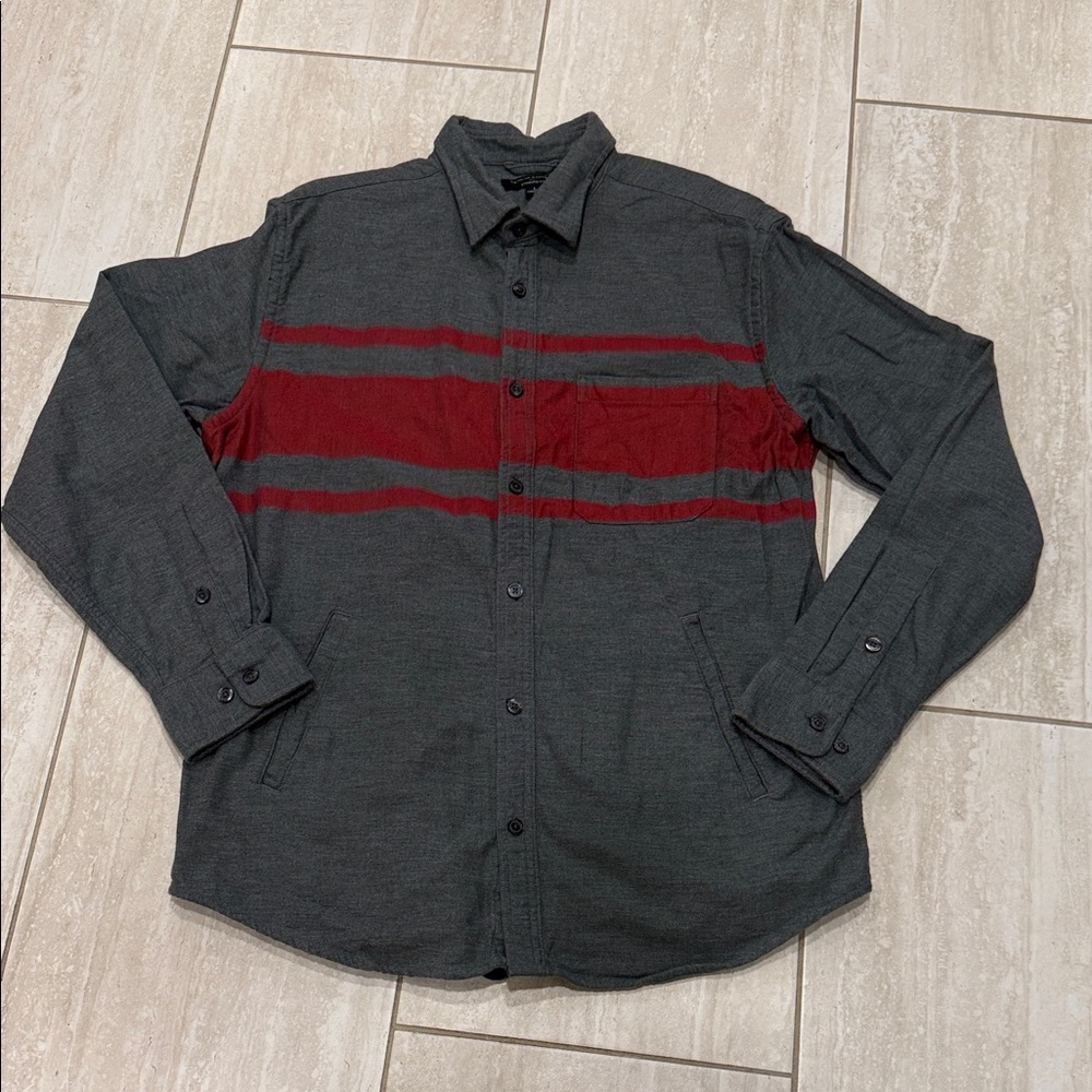 Banana Republic Charcoal Gray Button-Down with Red Horizontal Stripes